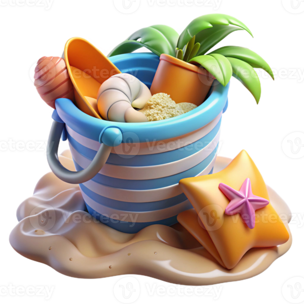 Summer Beach Bucket Fun Sand, Shells, and Toys png