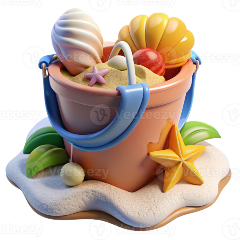 Summer Fun Beach Bucket with Sand, Shells, and Starfish png