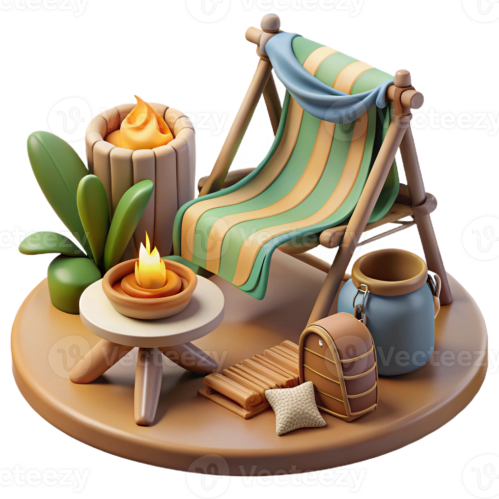 Relaxing Summer Scene Beach Chair, Campfire, and Tranquil Setting png