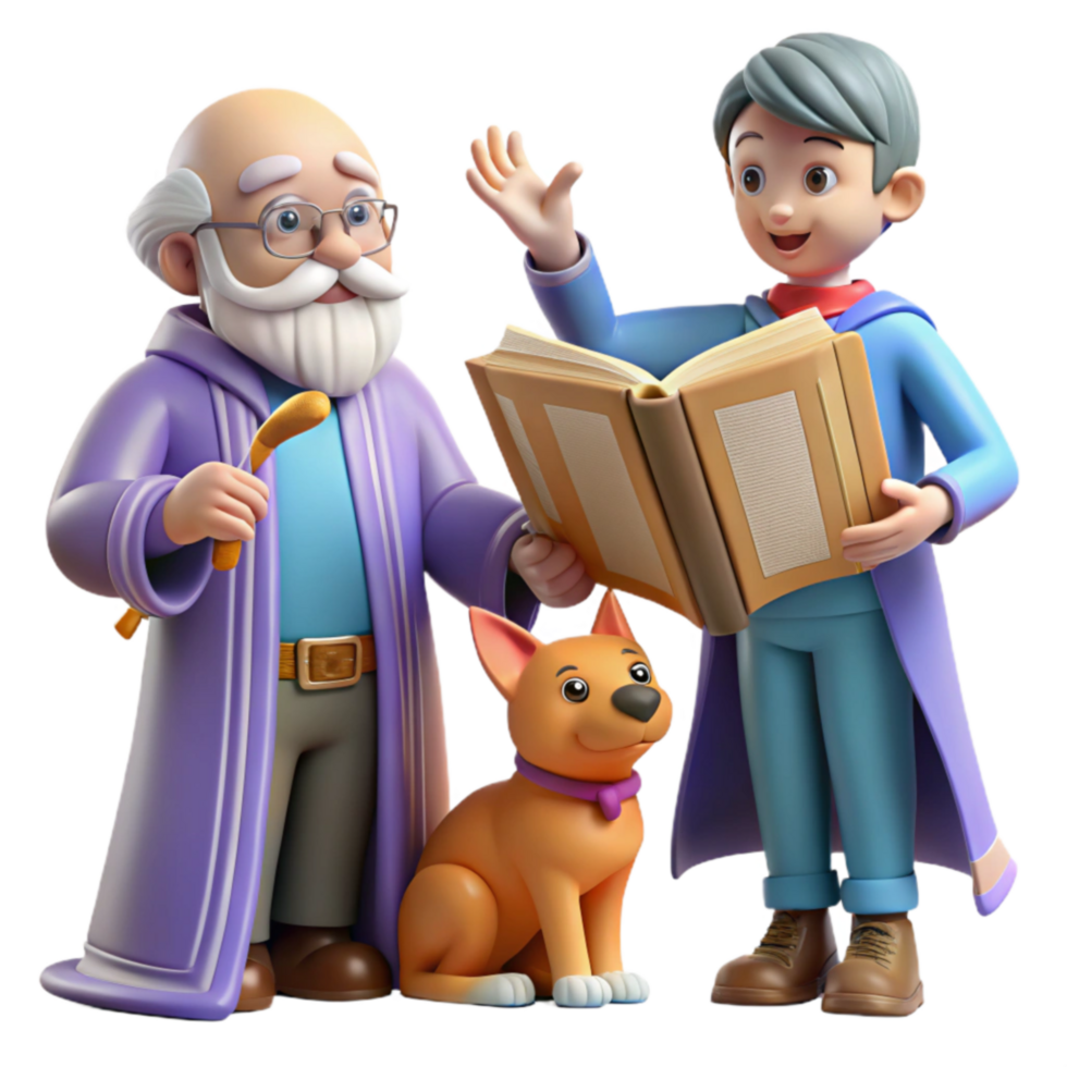 Wizard, Boy, and Dog Reading a Book A 3D Animated Story png