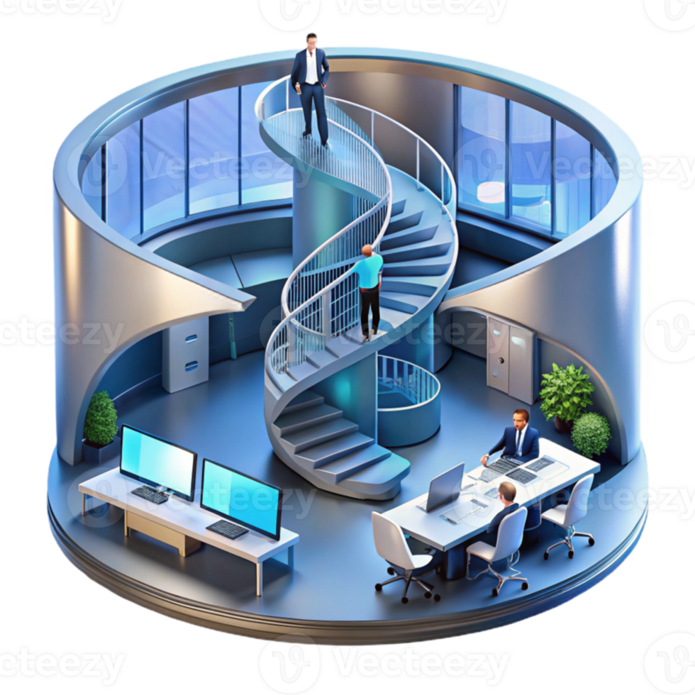 Modern Office Design Circular Space, Spiral Staircase, Workspace Efficiency png