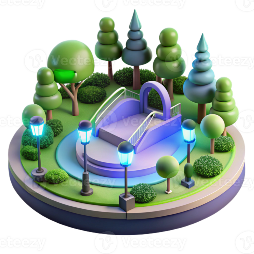 Night Park Scene 3D Render of Illuminated Pathway and Bridge png