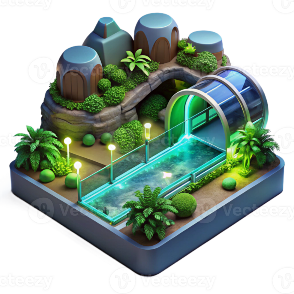 Futuristic Garden Pathway with Illuminated Tunnel png