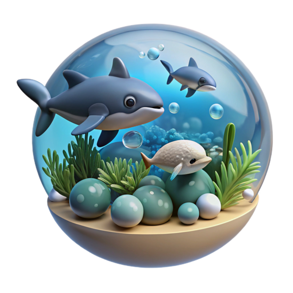 Ocean Scene 3D Render of Cute Fish in Glass Sphere png