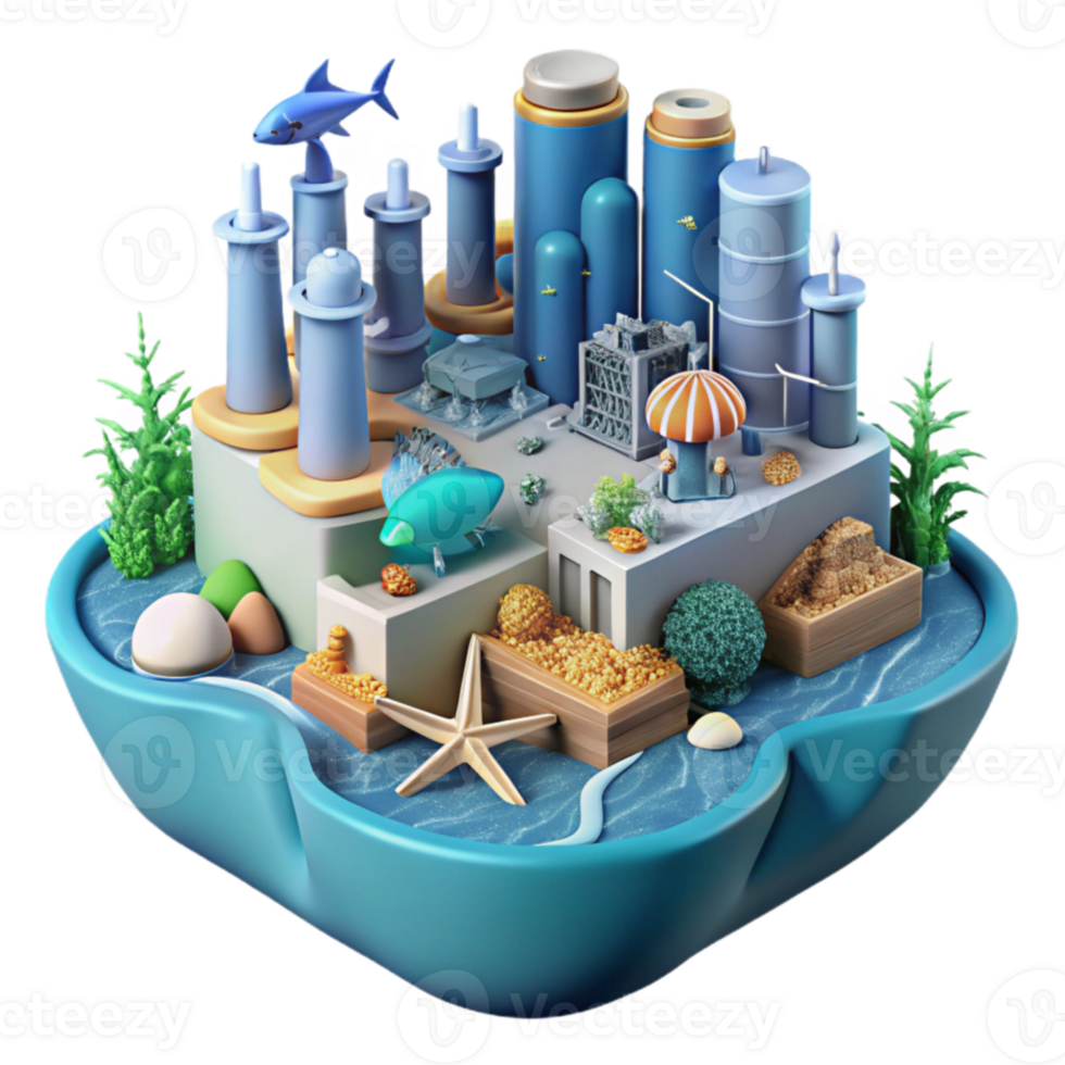 Miniature City Seascape 3D Render of Island Utopia png