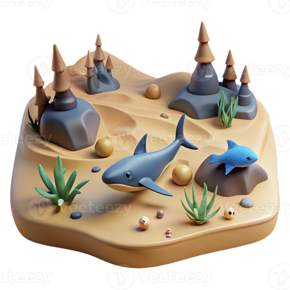 Undersea 3D Render Shark, Fish, and Coral Reef png