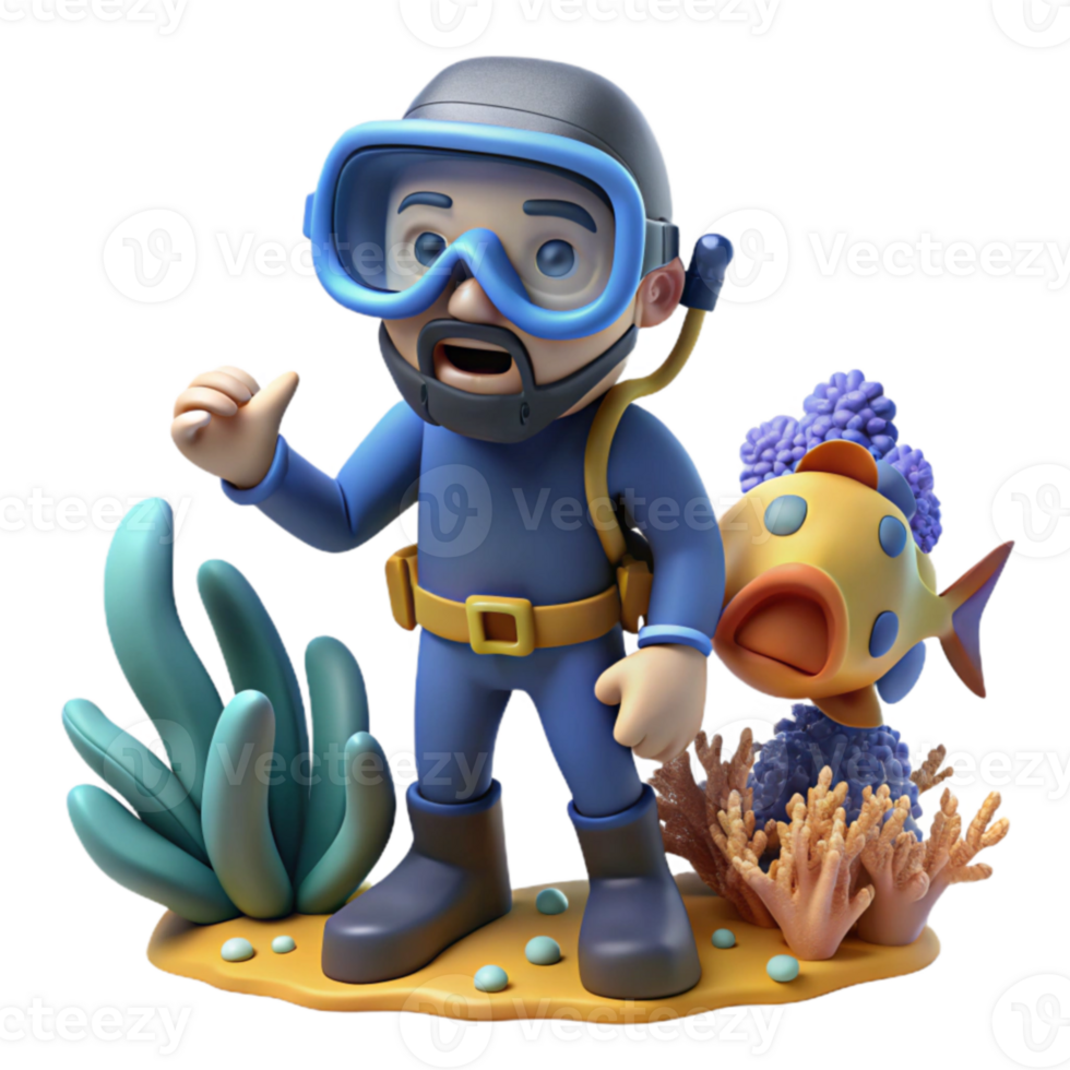 Diver and Fish in Coral Reef 3D Render png