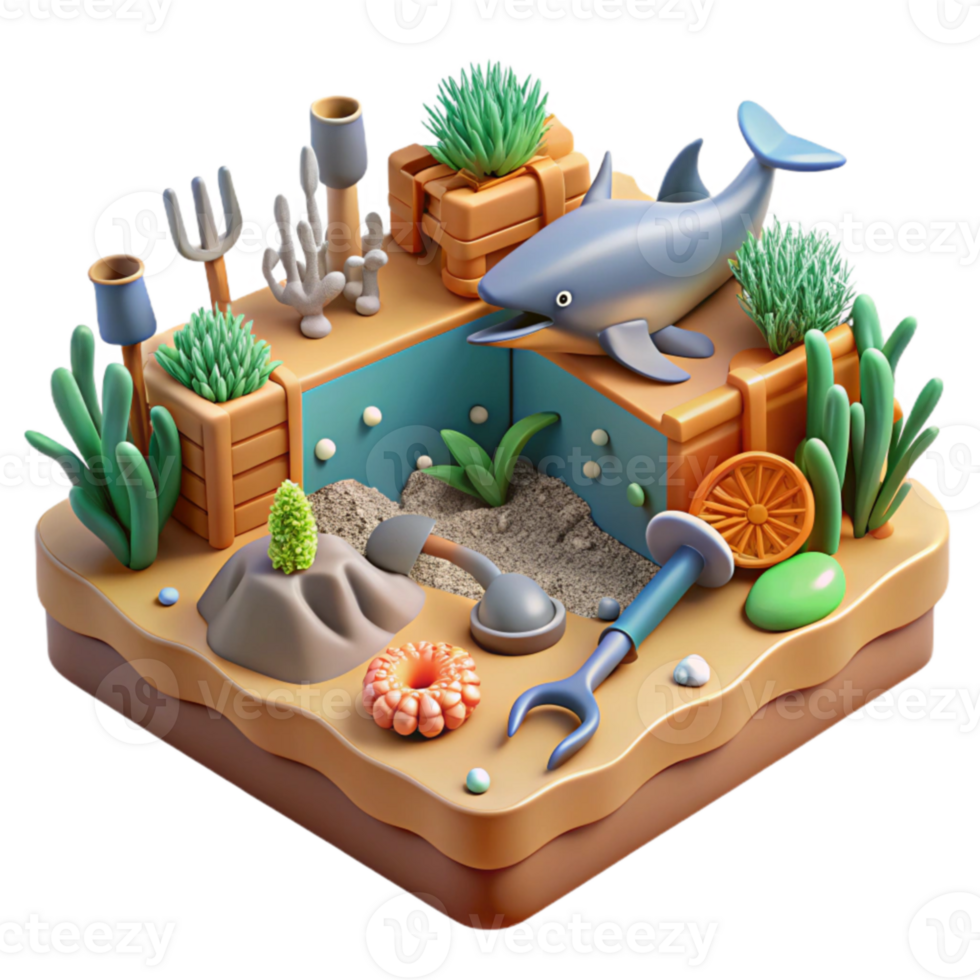 Undersea Exploration 3D Render of Ocean Life and Underwater Dig Site png