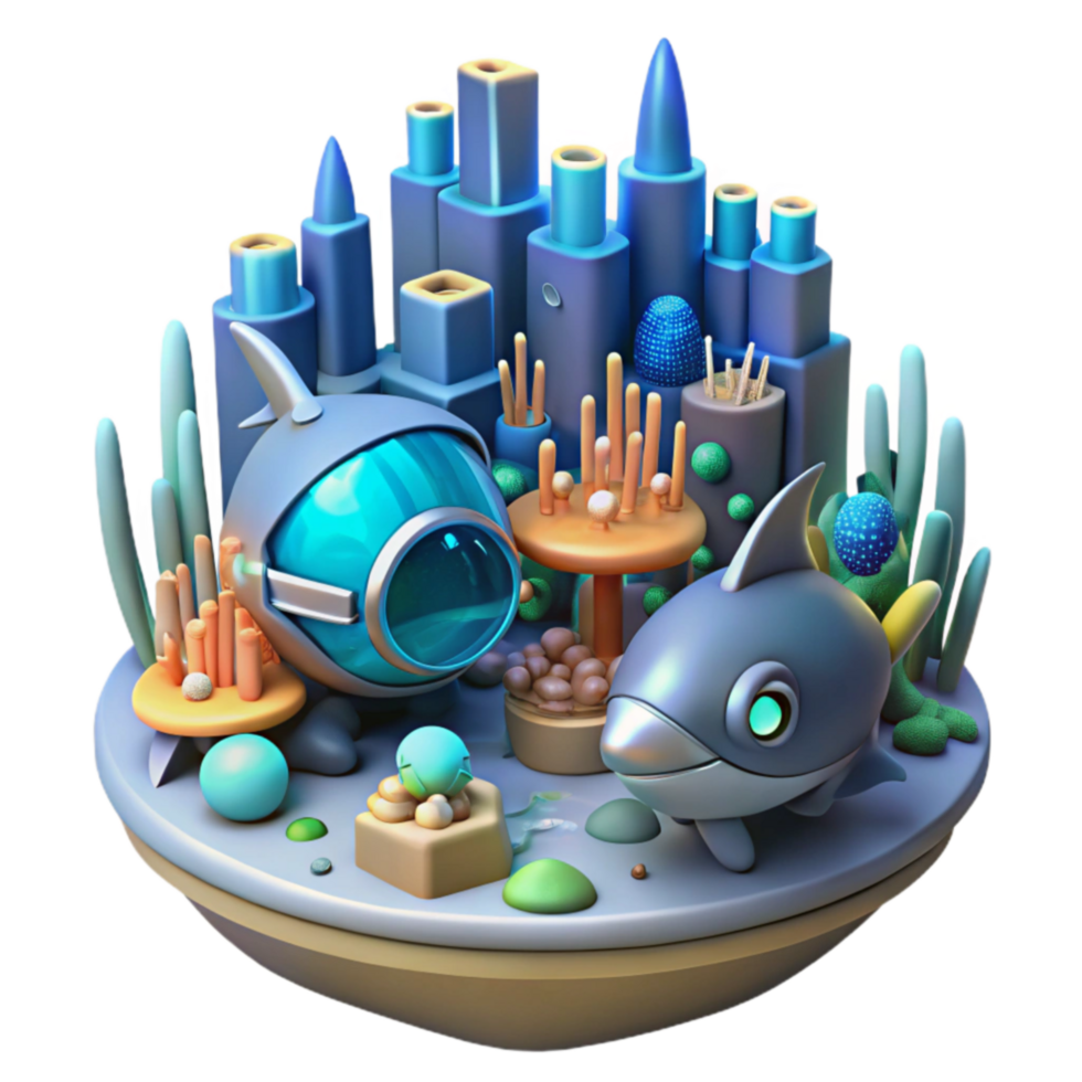 Undersea City Submarine, Shark, and Coral Reef 3D Render png