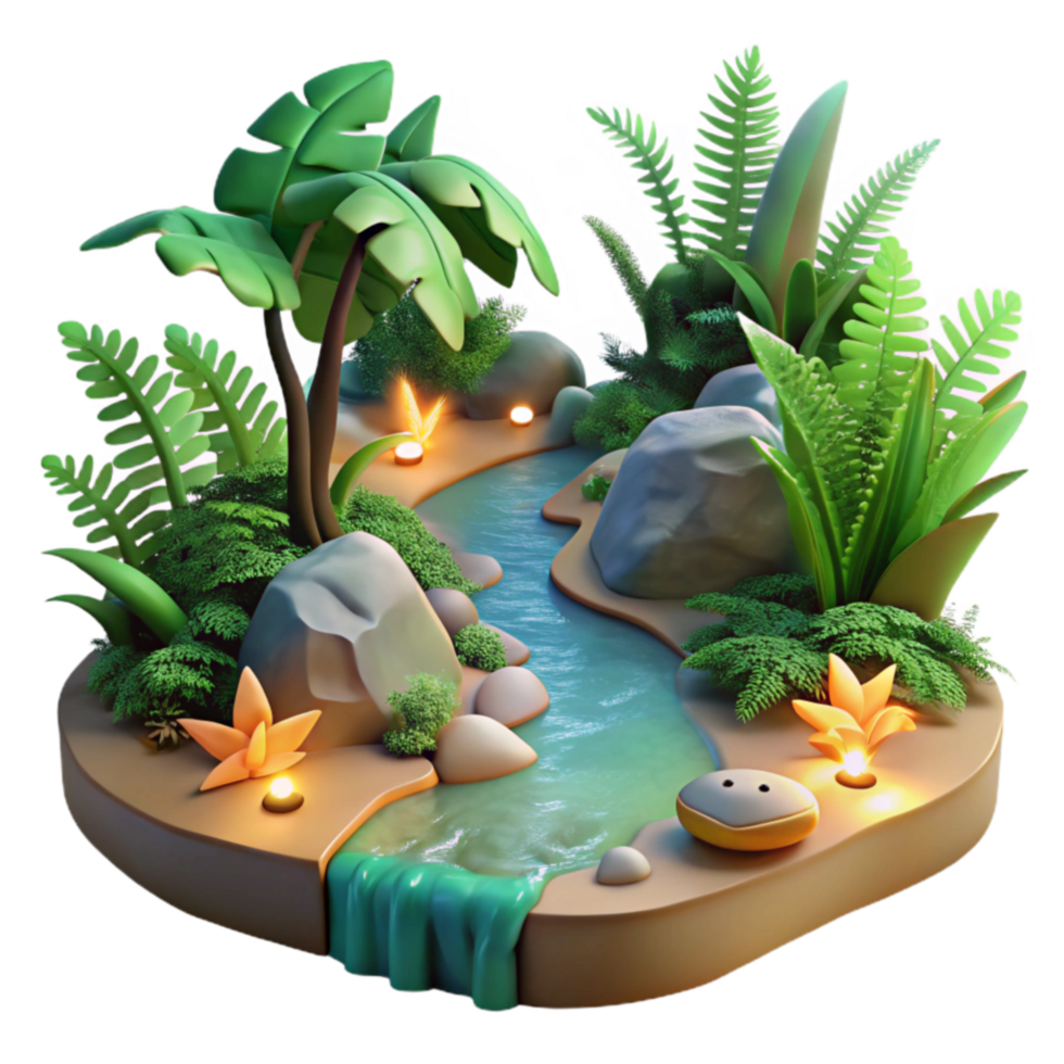 Serene Oasis 3D Render of Tropical Stream png