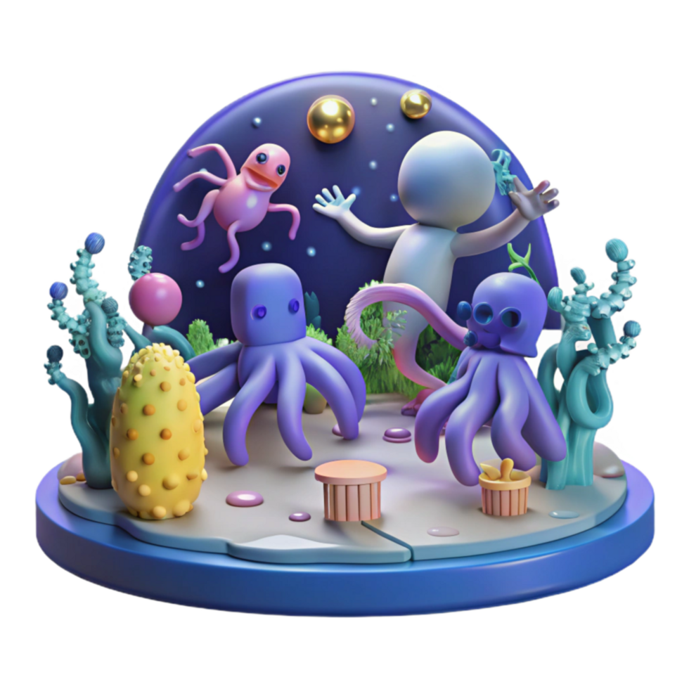 Undersea Adventure 3D Render of Octopuses and Coral Reef png