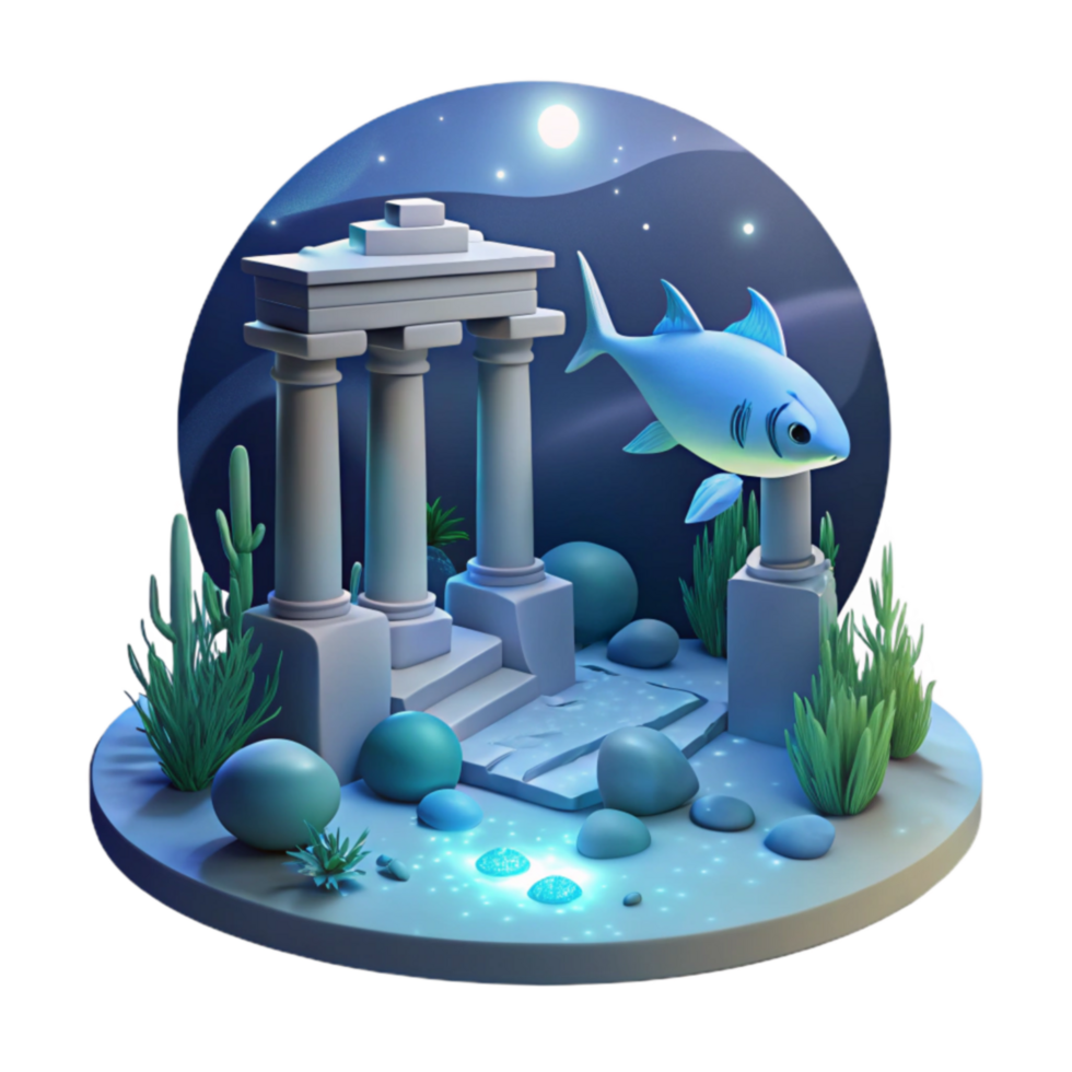 Undersea Ruins 3D Render of Ancient Architecture and Marine Life png