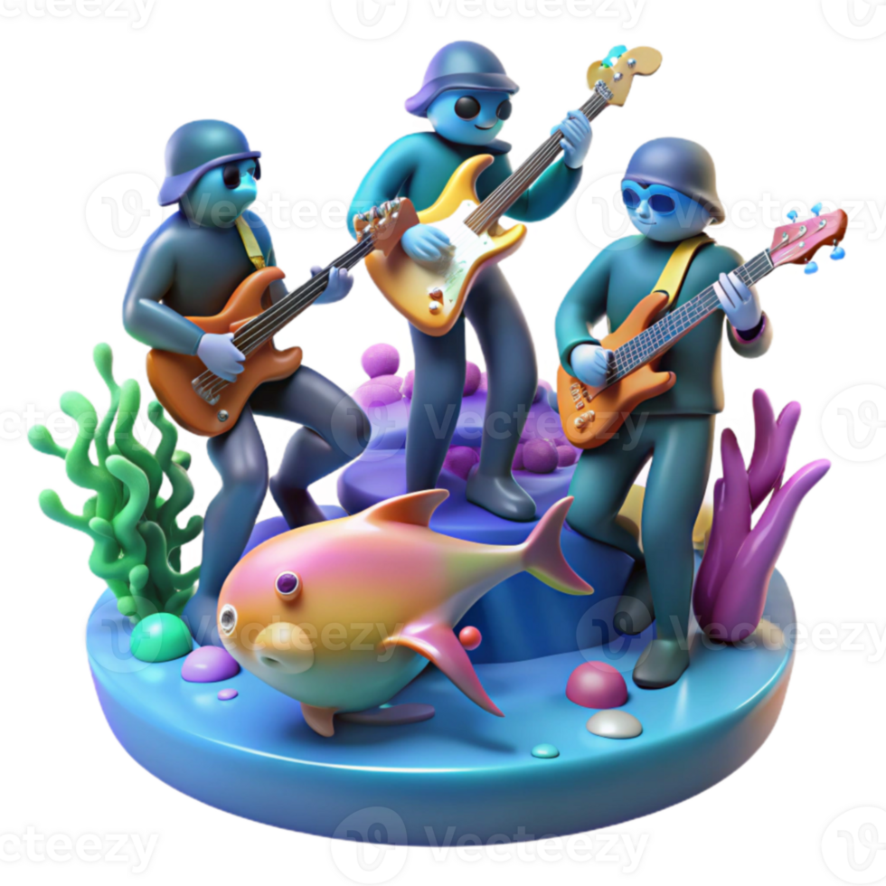 Undersea Band 3D Render of Musicians and Fish png