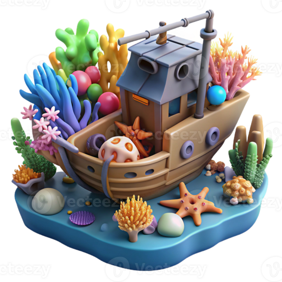 Undersea Shipwreck 3D Render of Coral Reef and Sunken Vessel png