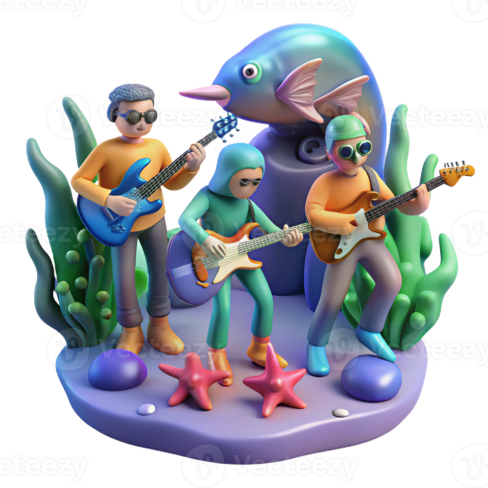 Undersea Band 3D Animated Musicians Playing Electric Guitars png