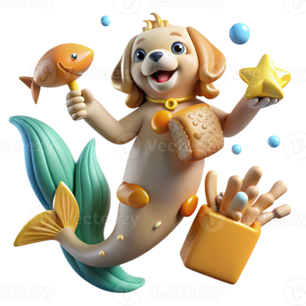 Adorable Puppy Mermaid Undersea Fun with Treats png