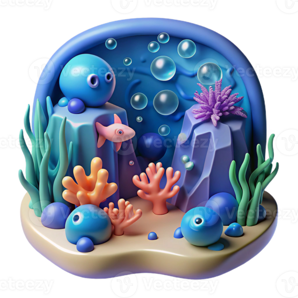 Undersea 3D Scene Coral Reef, Fish, Bubbles png
