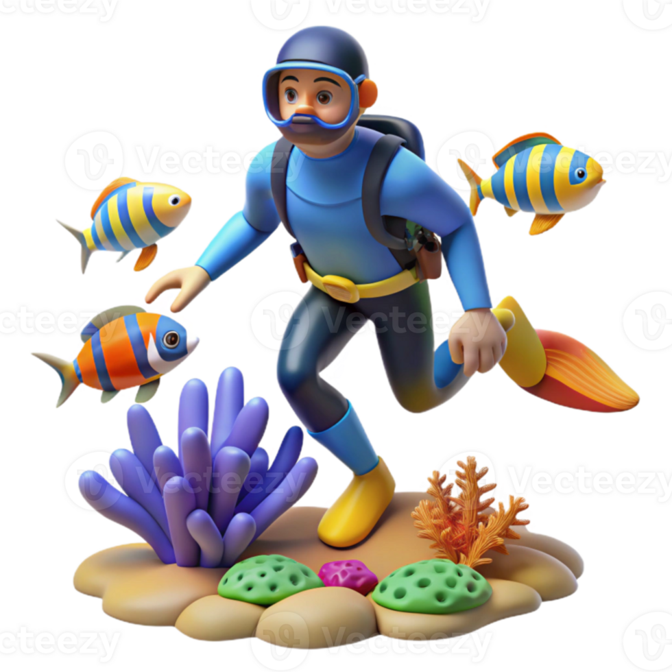 Ocean Diver Cartoon 3D Model Underwater Adventure png