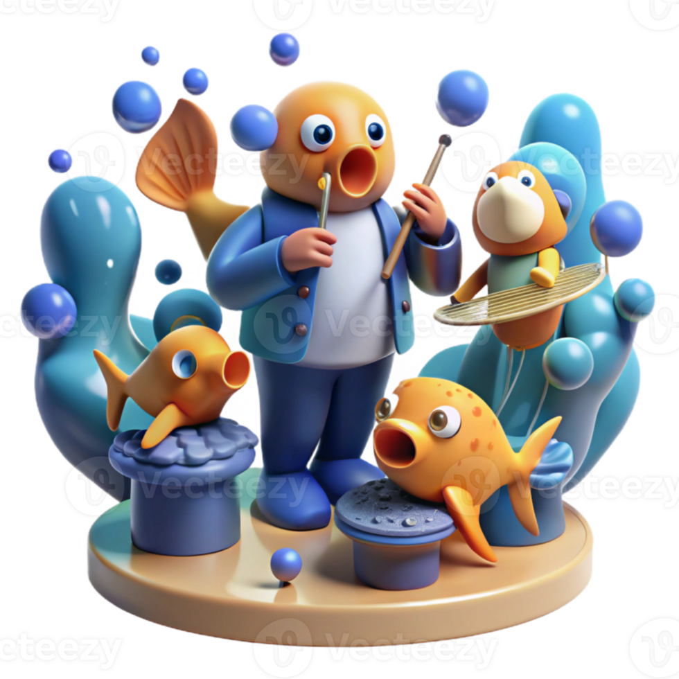 Musical Fish Band 3D Render of Cute Aquatic Creatures Playing Instruments png