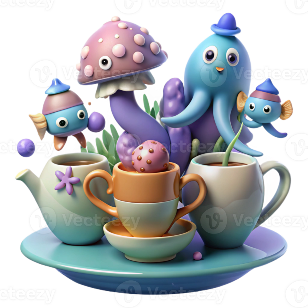 Whimsical Tea Party with Cute Creatures png