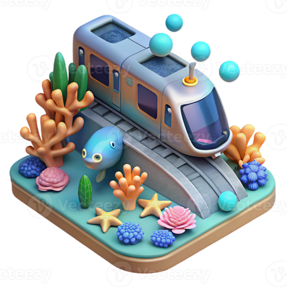 Undersea Train 3D Render of Ocean Life and Transportation png