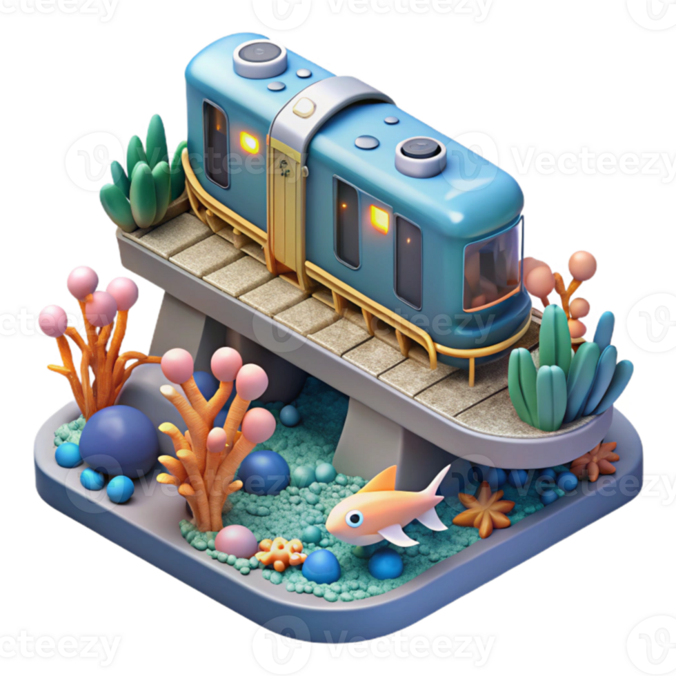 Undersea Train A 3D Render of a Miniature Rail System in an Aquarium png