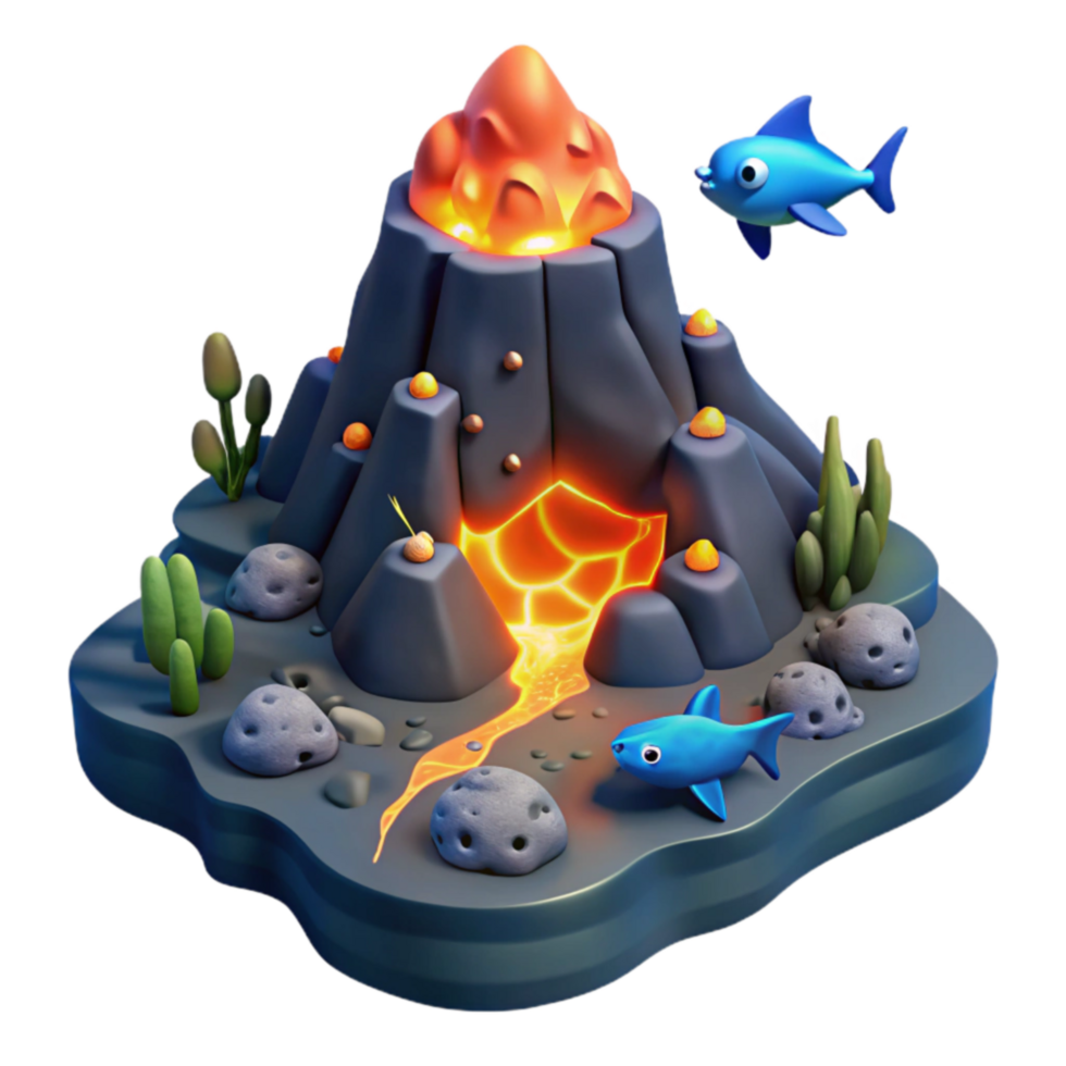 Undersea Volcano 3D Render Lava, Fish, and Ocean Scene png