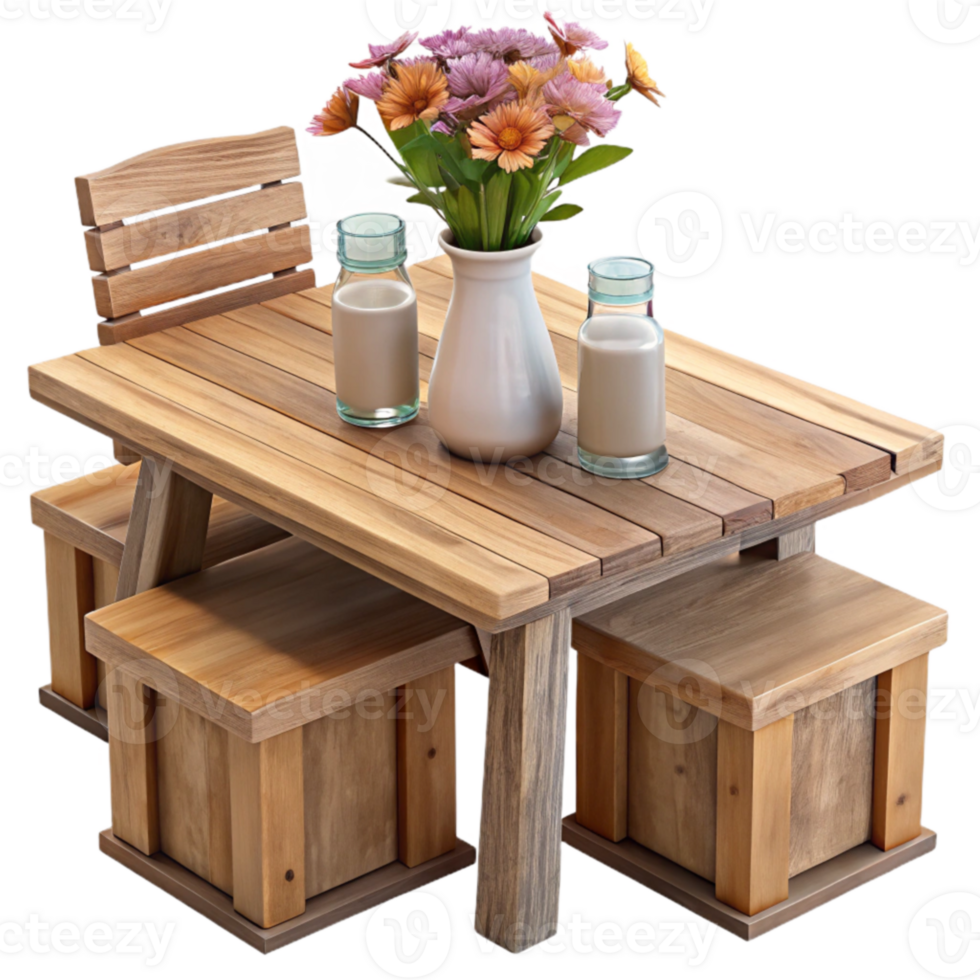 Wooden Table Set with Stools and Flowers png