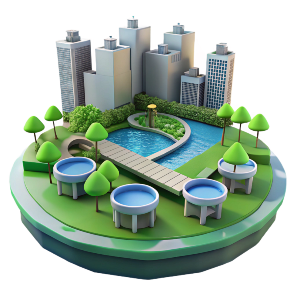 Urban Oasis Cityscape with Integrated Park and Water Features png