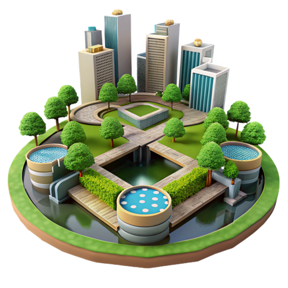 Urban Oasis City Park Design with Green Spaces and Water Features png