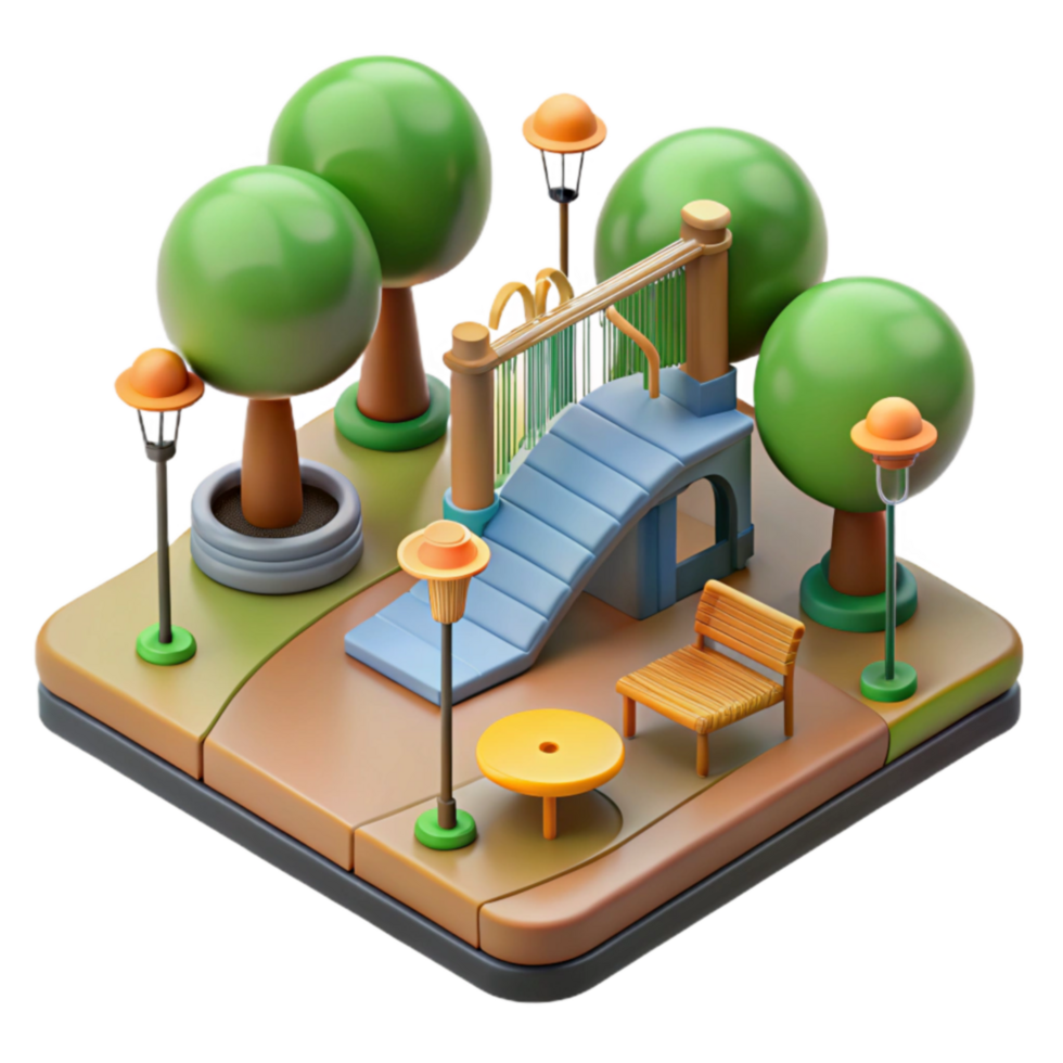 3D Isometric Park Scene Playground, Trees, and Benches png