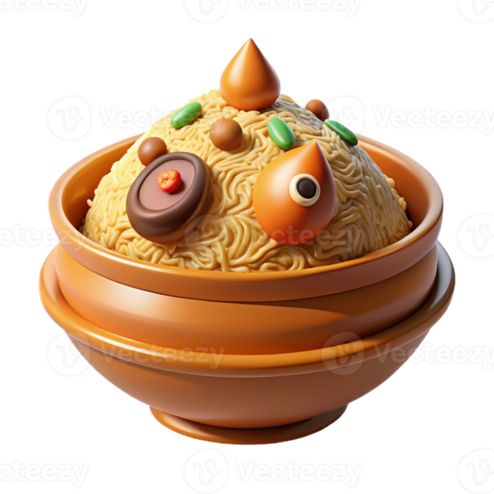 Delicious Noodles in Clay Bowl 3D Render png