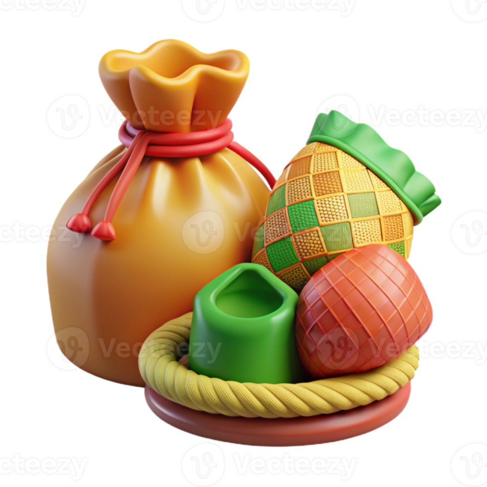 3D Render of Colorful Objects Bag, Fruit, Container, Rope png