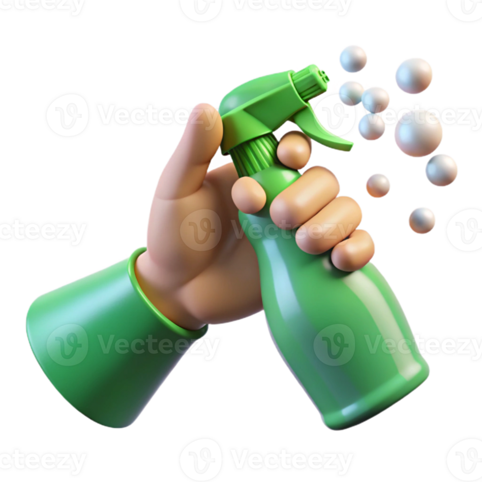 3D Render Hand Spraying Cleaning Bubbles png
