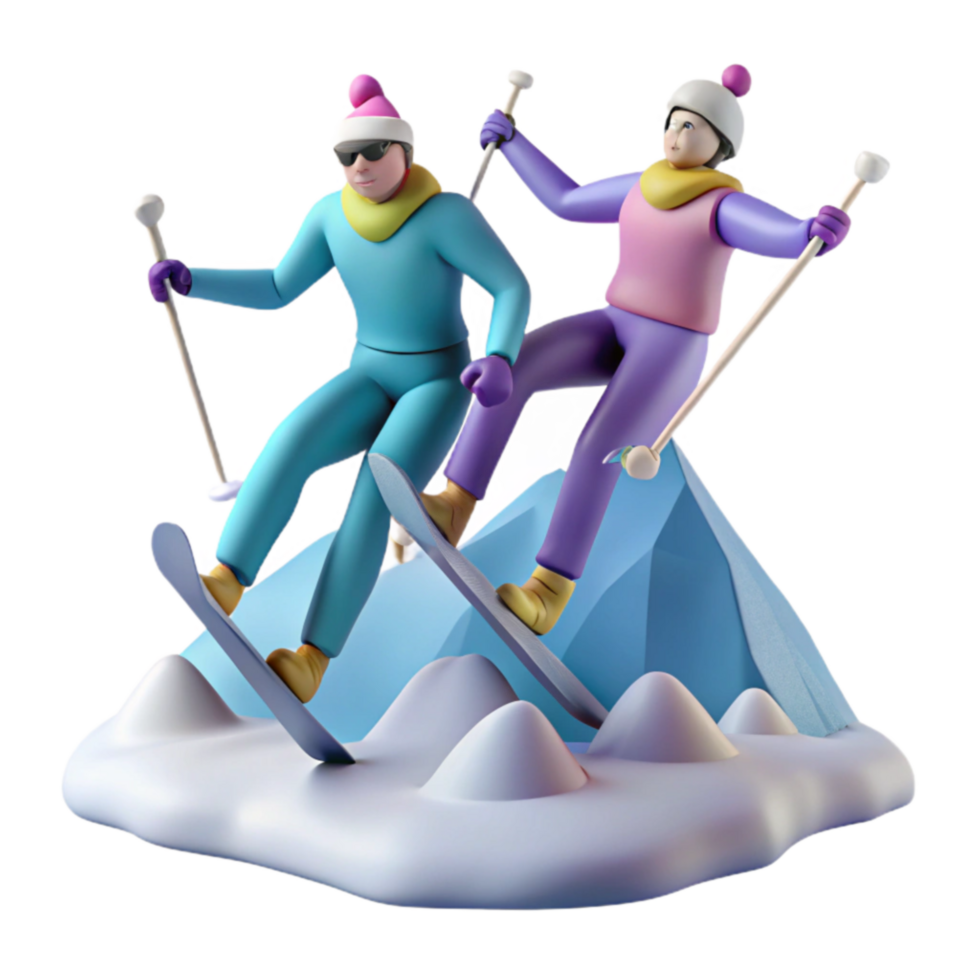 3D Cartoon Skiers on Snowy Mountain png