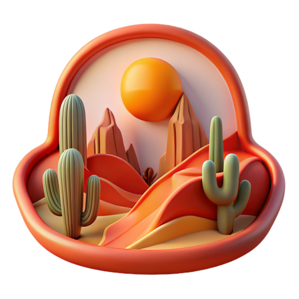 Sunset Desert Landscape 3D Render of Cactus and Mountains png