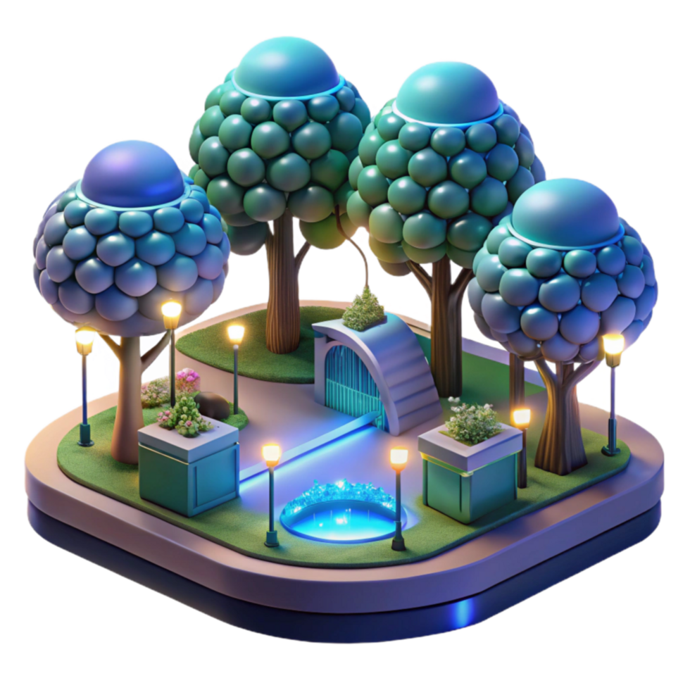 Night Park 3D Render of Illuminated Pathway, Trees, and Pond png