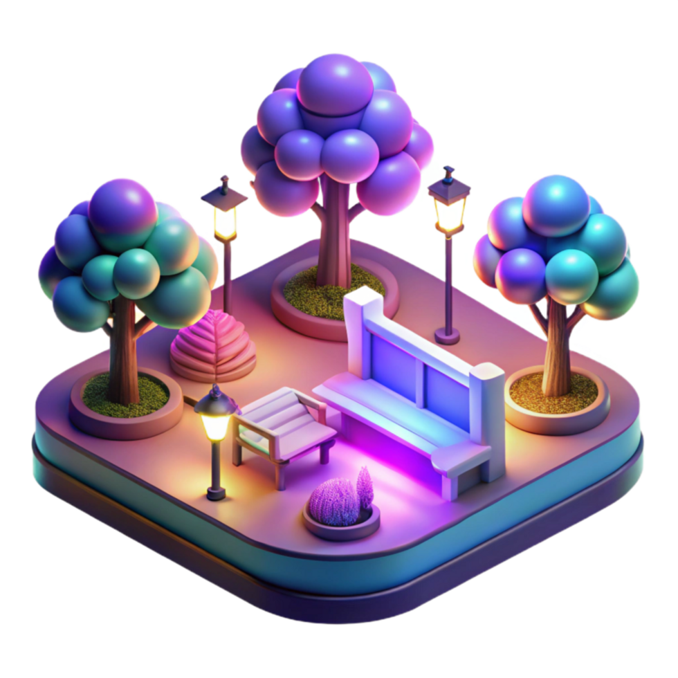 Night Park Scene 3D Render of Illuminated Bench, Trees, and Lamps png
