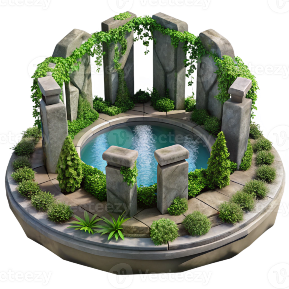 Ancient Pool Garden with Stone Pillars and Lush Greenery png