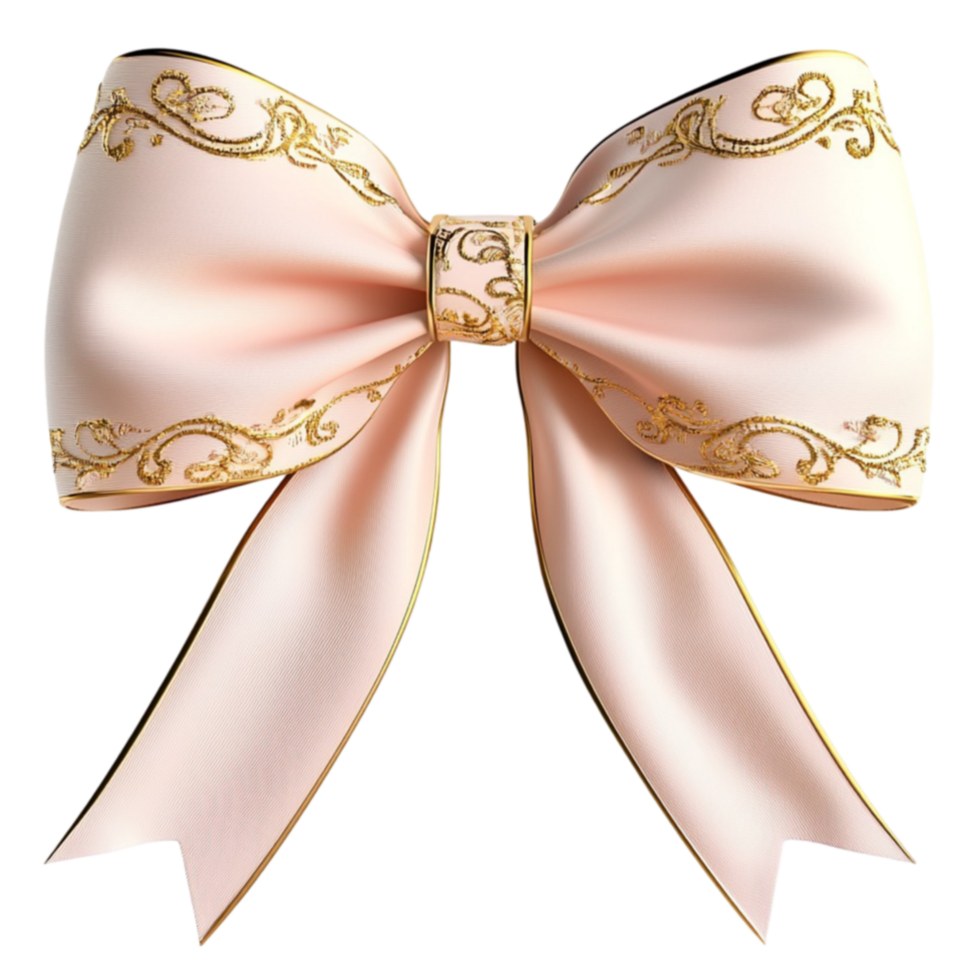 Elegant pink ribbon bow with golden floral patterns and a silky texture png