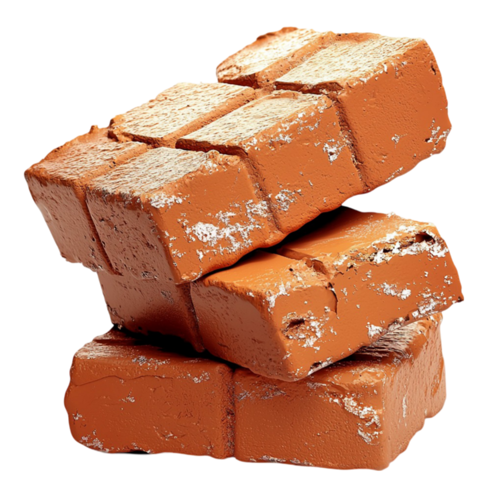Rough red bricks stacked on top of each other with a slightly weathered and dusty texture png
