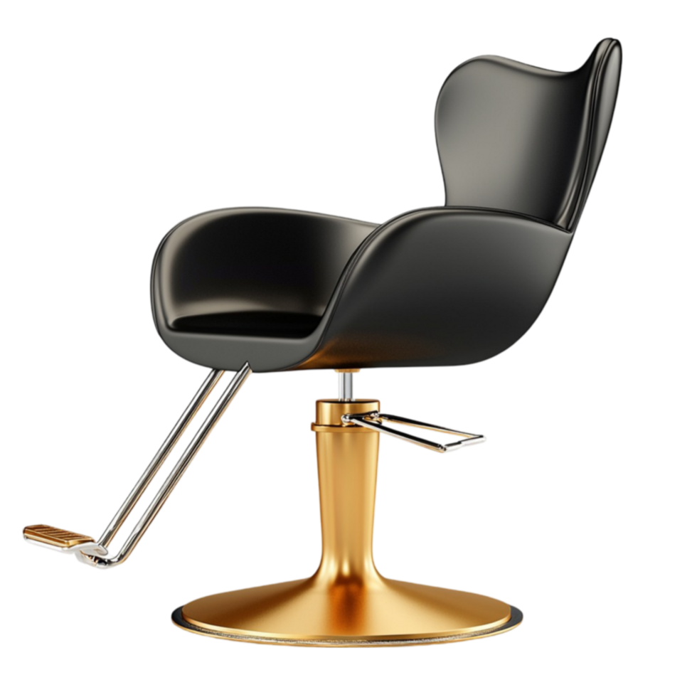 Stylish black and gold salon chair with a comfortable seat and adjustable height png