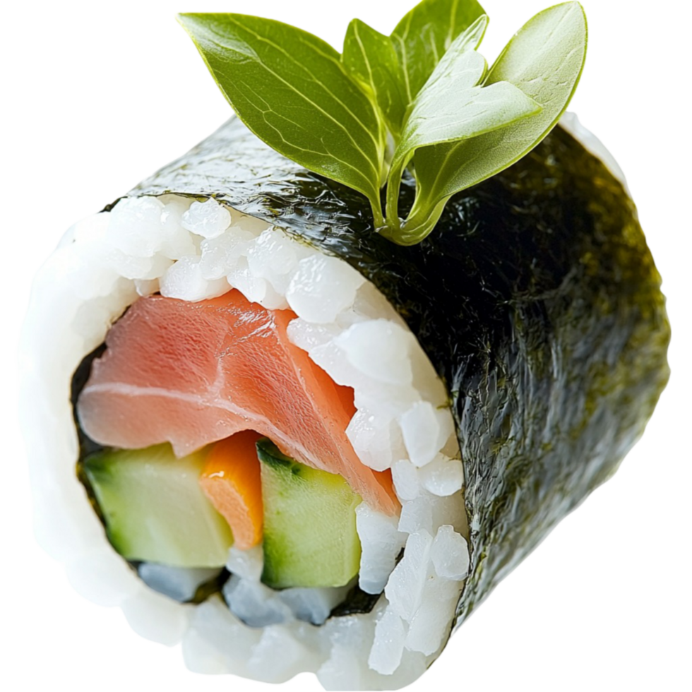 Fresh sushi roll wrapped in seaweed and filled with salmon avocado and cucumber png