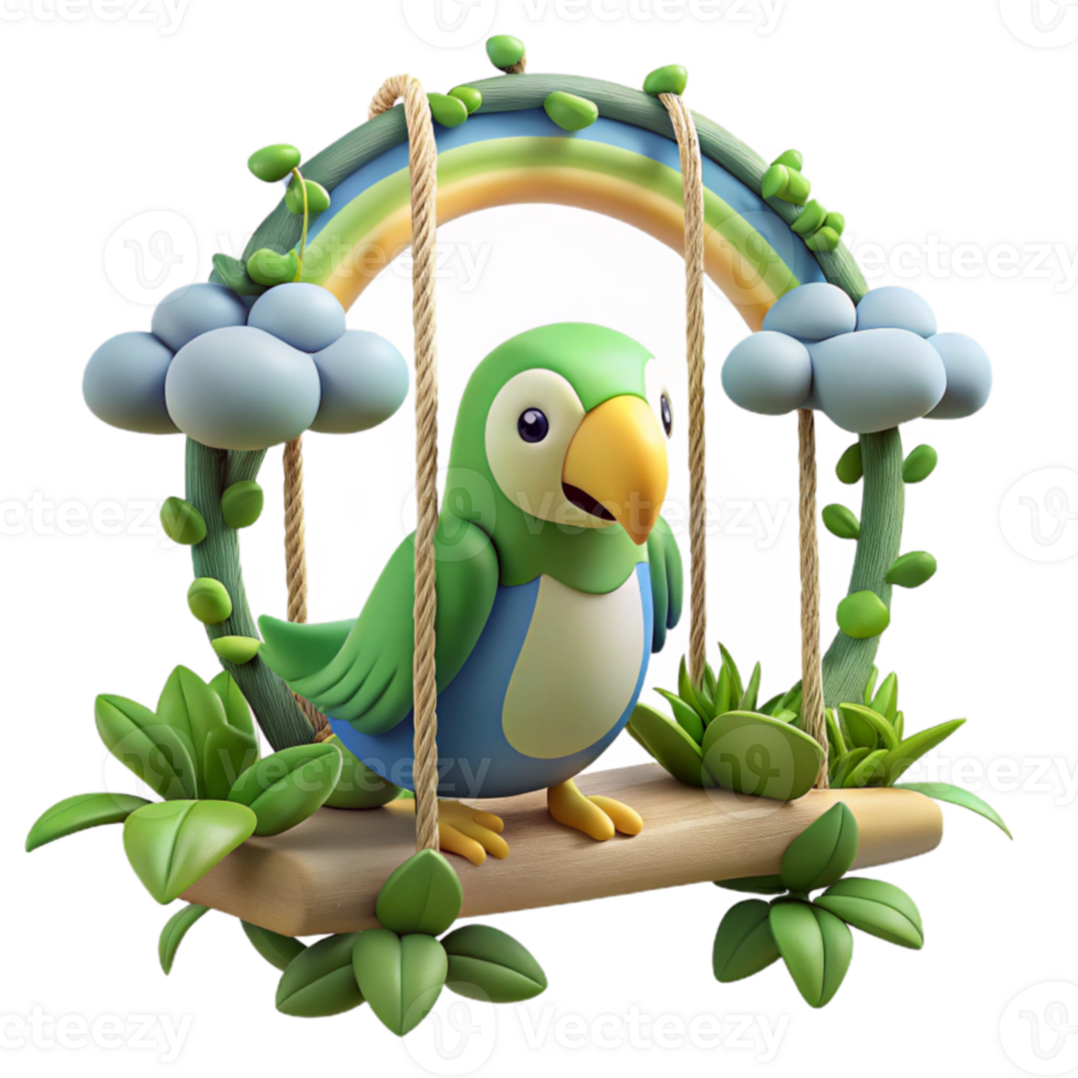 Cute Parrot on Rainbow Swing in Garden png