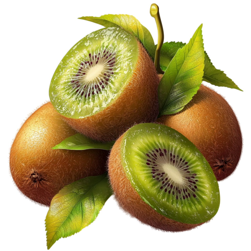 Ripe kiwifruit with fuzzy brown skin sliced open to reveal bright green flesh and tiny seeds png