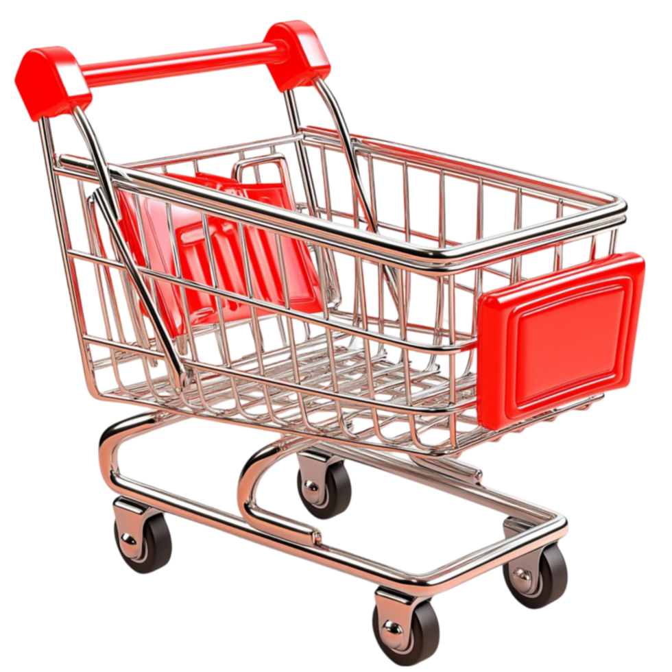 Shiny red and silver shopping cart with four sturdy wheels and a handle png