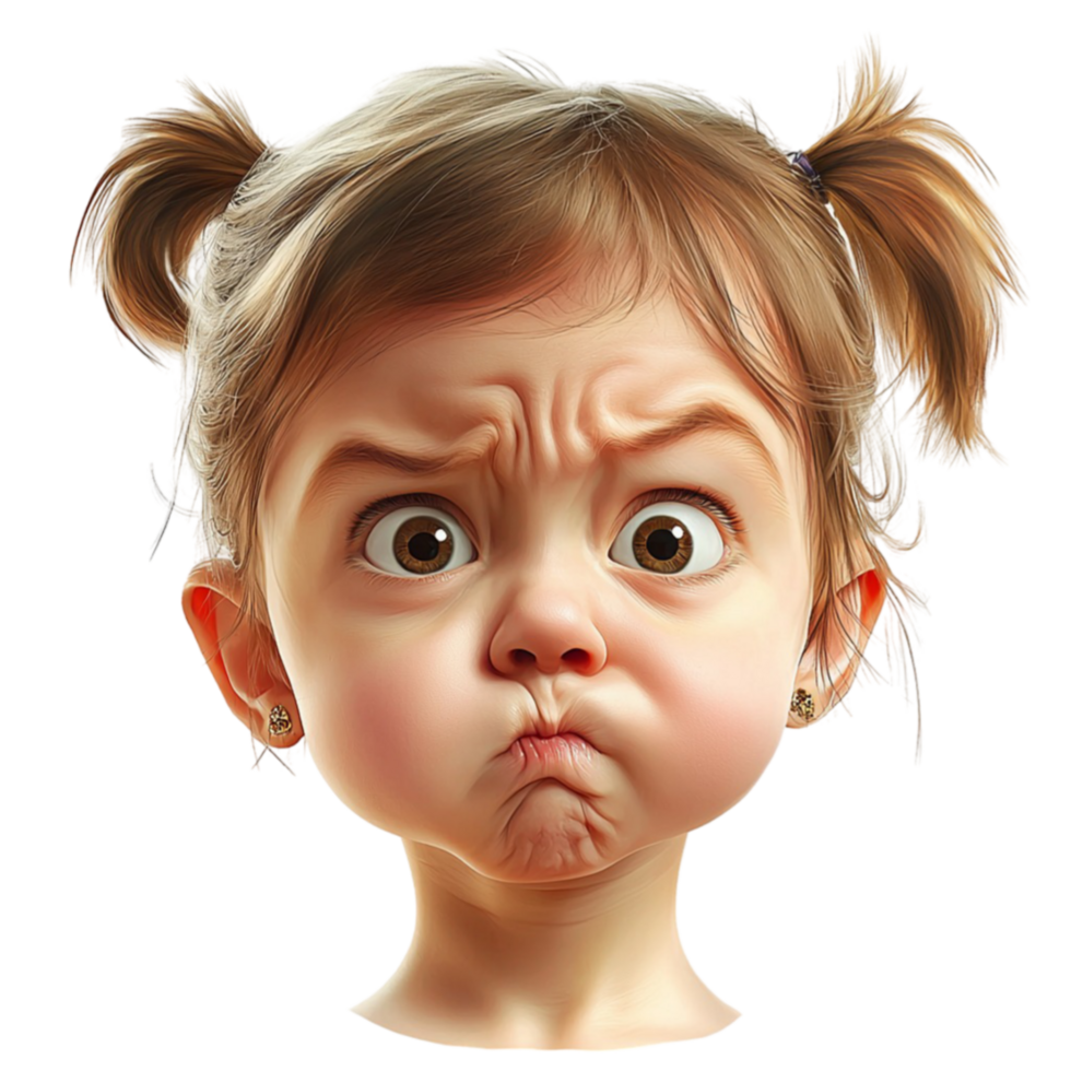 Young girl with pigtails making an angry frown with a wrinkled forehead and pout png