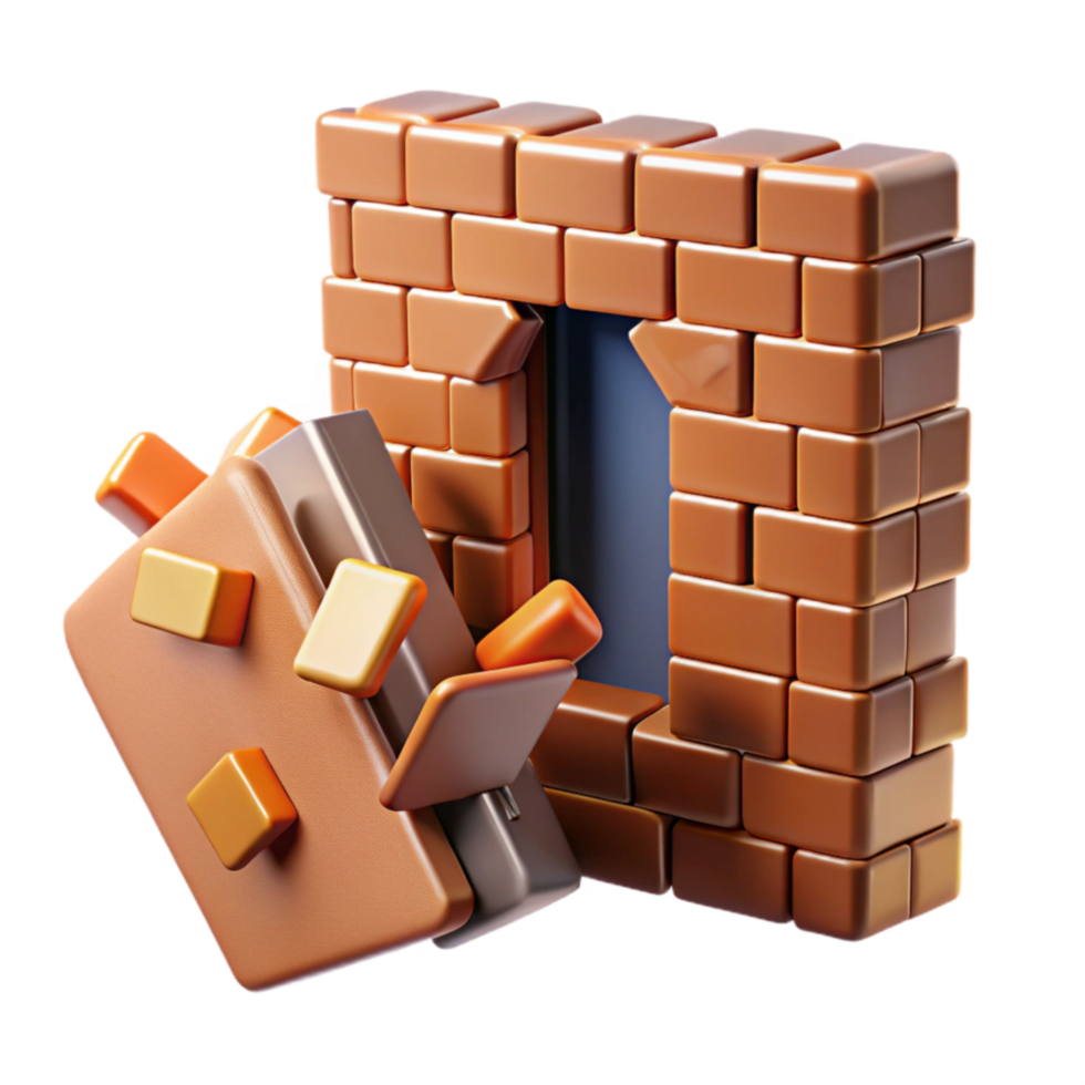 Breaking Through Walls A 3D Render of a Suitcase Crashing Through a Brick Wall png