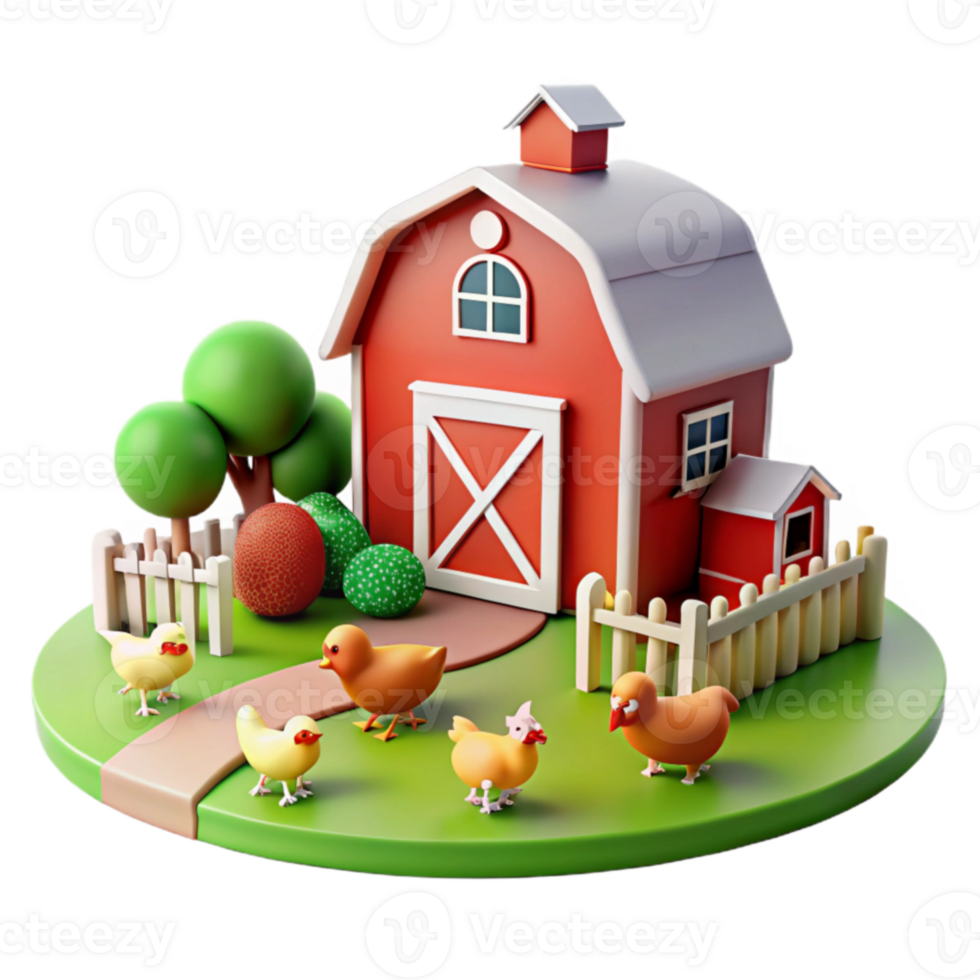 Farm Animals and Red Barn 3D Render png