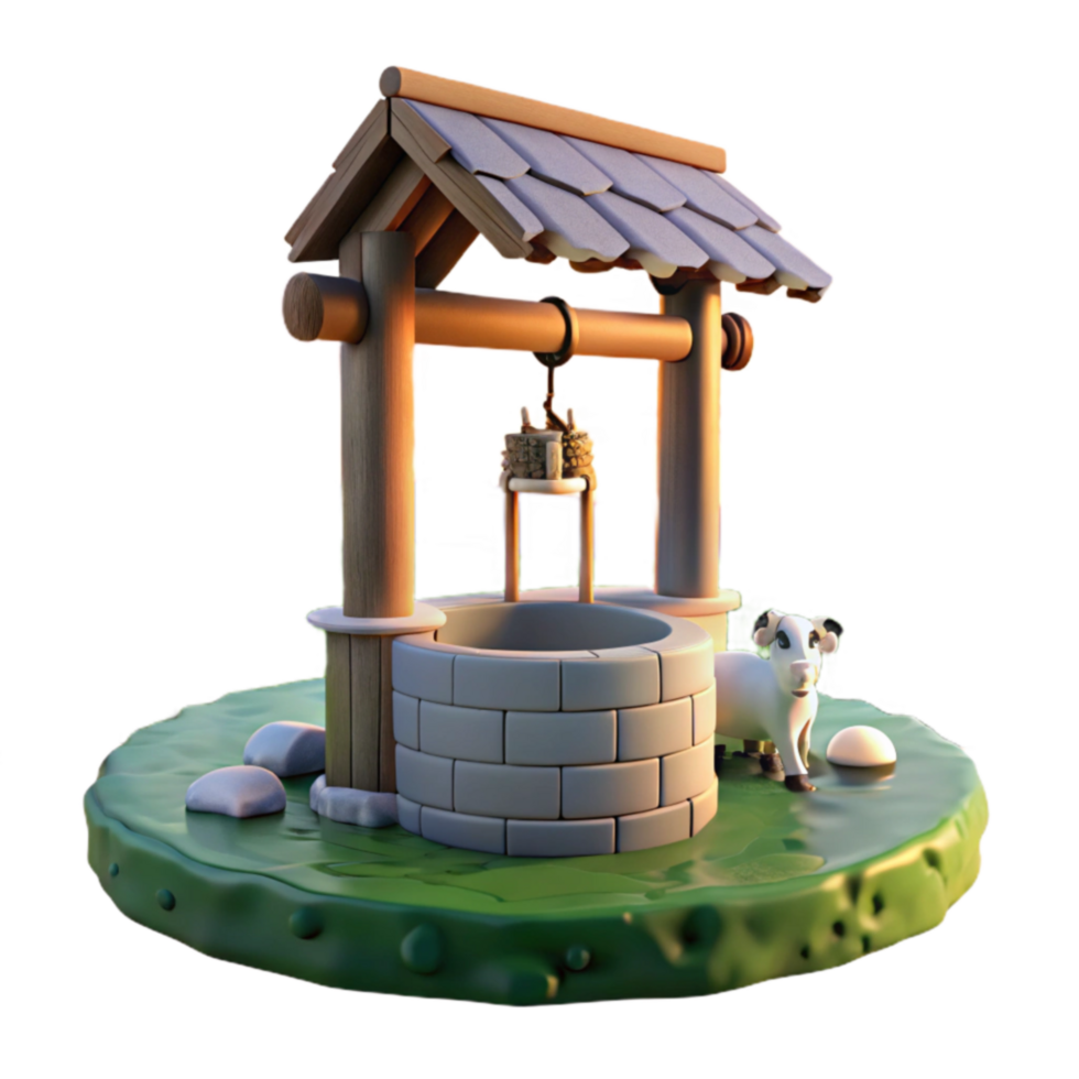 Rural Well, Goat, and Bucket 3D Render png